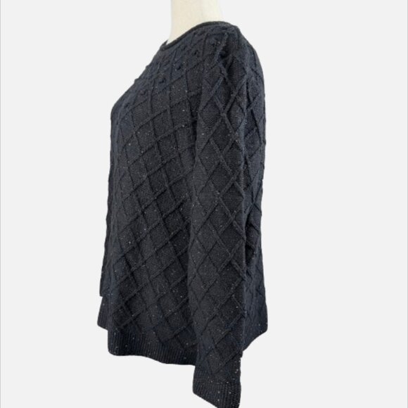 Land’s End Chunky Diamond 3D Pom Pom Rollneck Black Tweed Knit Sweater (Size 2X) - Picture 4 of 12